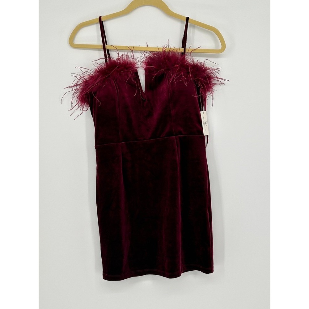 Windsor Burgundy Velvet Feather Mini Dress Small Y2K Whimsigoth Holiday Party